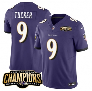 Baltimore Ravens #9 Justin Tucker Purple 2023 F.U.S.E. AFC North Champions
