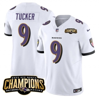 Baltimore Ravens #9 Justin Tucker White 2023 F.U.S.E. AFC North Champions