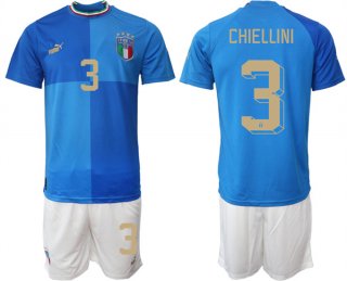 Italy #3 Chiellini Blue Home Soccer Jersey Suit