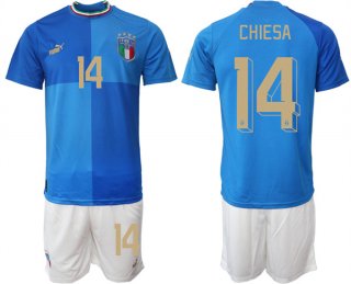 Italy #14 Chiesa Blue Home Soccer Jersey Suit