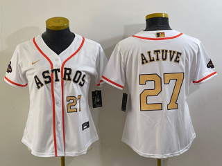 Women's Houston Astros #27 Jose Altuve White 2023 Gold Collection With World Serise