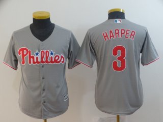 Youth Philadelphia Phillies #3 Bryce Harper Majestic Gray Home Cool Base Stitched MLB