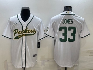 Green Bay Packers #33 Aaron Jones White With Patch Cool Base Stitched Baseball Jersey