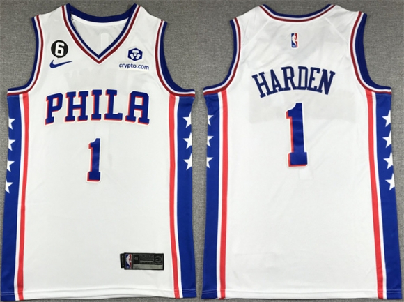 Philadelphia 76ers #1 James Harden White With NO.6 Patch Stitched Jersey