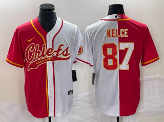 Kansas City Chiefs #87 Travis Kelce Red White Split Cool Base Stitched Baseball Jersey