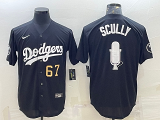 Los Angeles Dodgers #67 Vin Scully Black Big Logo With Vin Scully Patch Stitched Jersey gold number