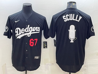 Los Angeles Dodgers #67 Vin Scully Black Big Logo With Vin Scully Patch Stitched Jersey red number