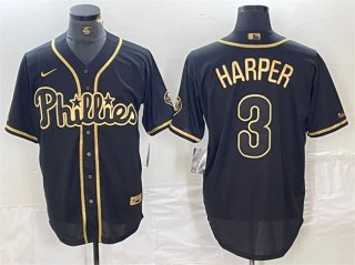Philadelphia Phillies #3 Bryce Harper Black Gold Cool Base Stitched Baseball Jersey