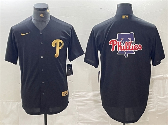Philadelphia Phillies Black Team Big Logo Cool Base Stitched Baseball Jersey 2