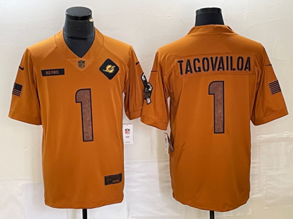 Miami Dolphins #1 Tua Tagovailoa 2023 Brown Salute To Service Limited Stitched Football