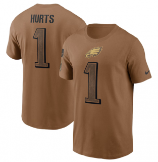 Philadelphia Eagles #1 Jalen Hurts 2023 Brown Salute To Service Name & Number T-