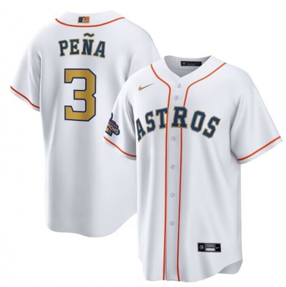 Men's Houston Astros #3 Jeremy Peña White 2023 Gold Collection With World Serise Champions
