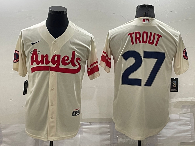 Men's Los Angeles Angels #27 Mike Trout Cream 2022 City Connect Cool Base Stitched