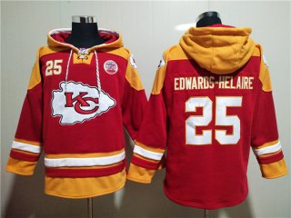 Kansas City Chiefs #25 Clyde Edwards-Helaire Red Lace-Up Pullover Hoodie