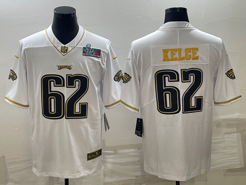Philadelphia Eagles #62 Jason Kelce White Golden Super Bowl LVII Patch Limited Stitched