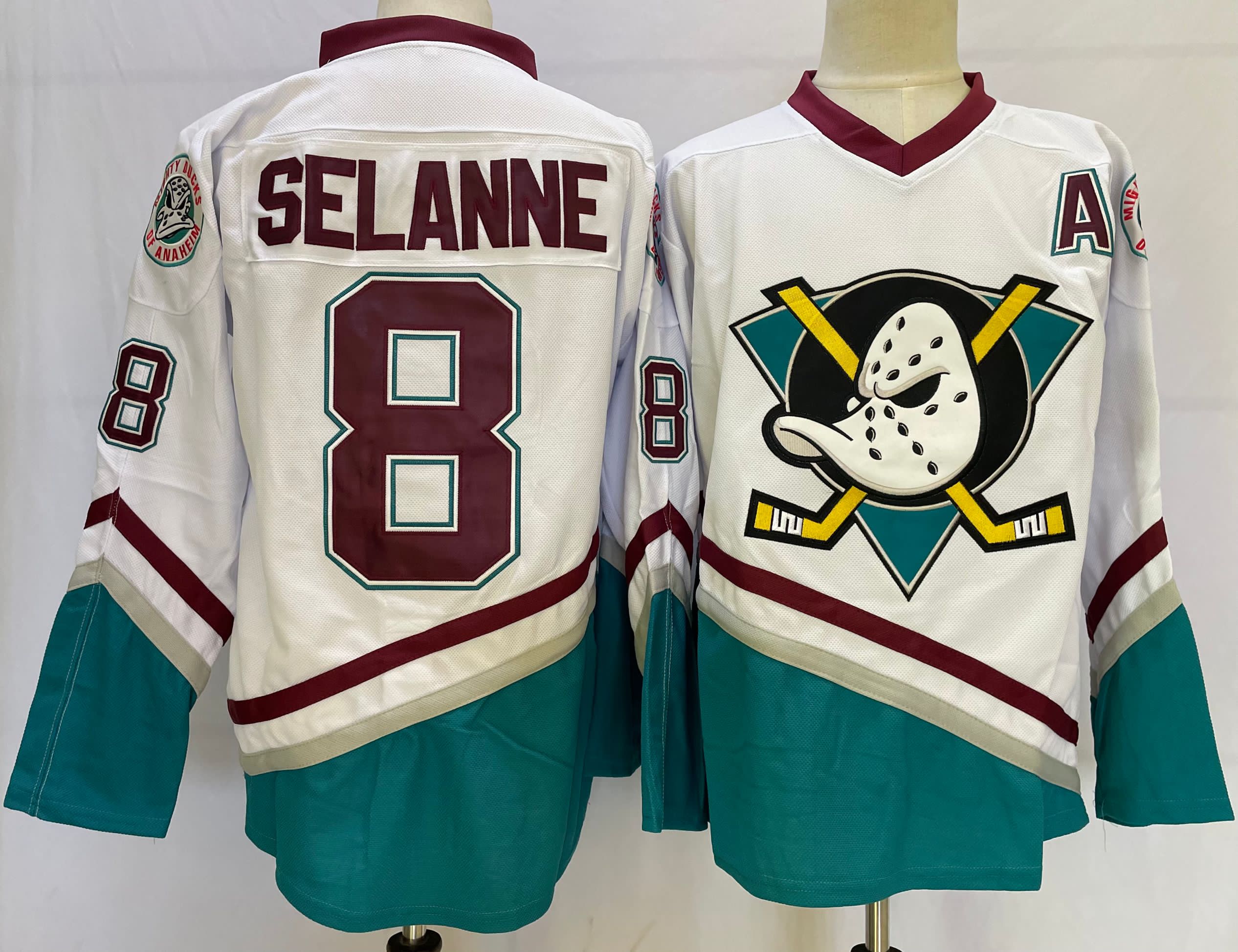 Men's Anaheim Ducks #8 Teemu Selanne white Teal Stitched Jersey